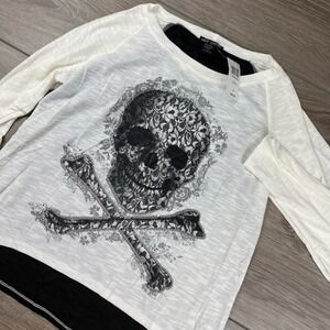 Hot Topic Women's Long Sleeve Shirt Skull Ivory Black Skull Large New